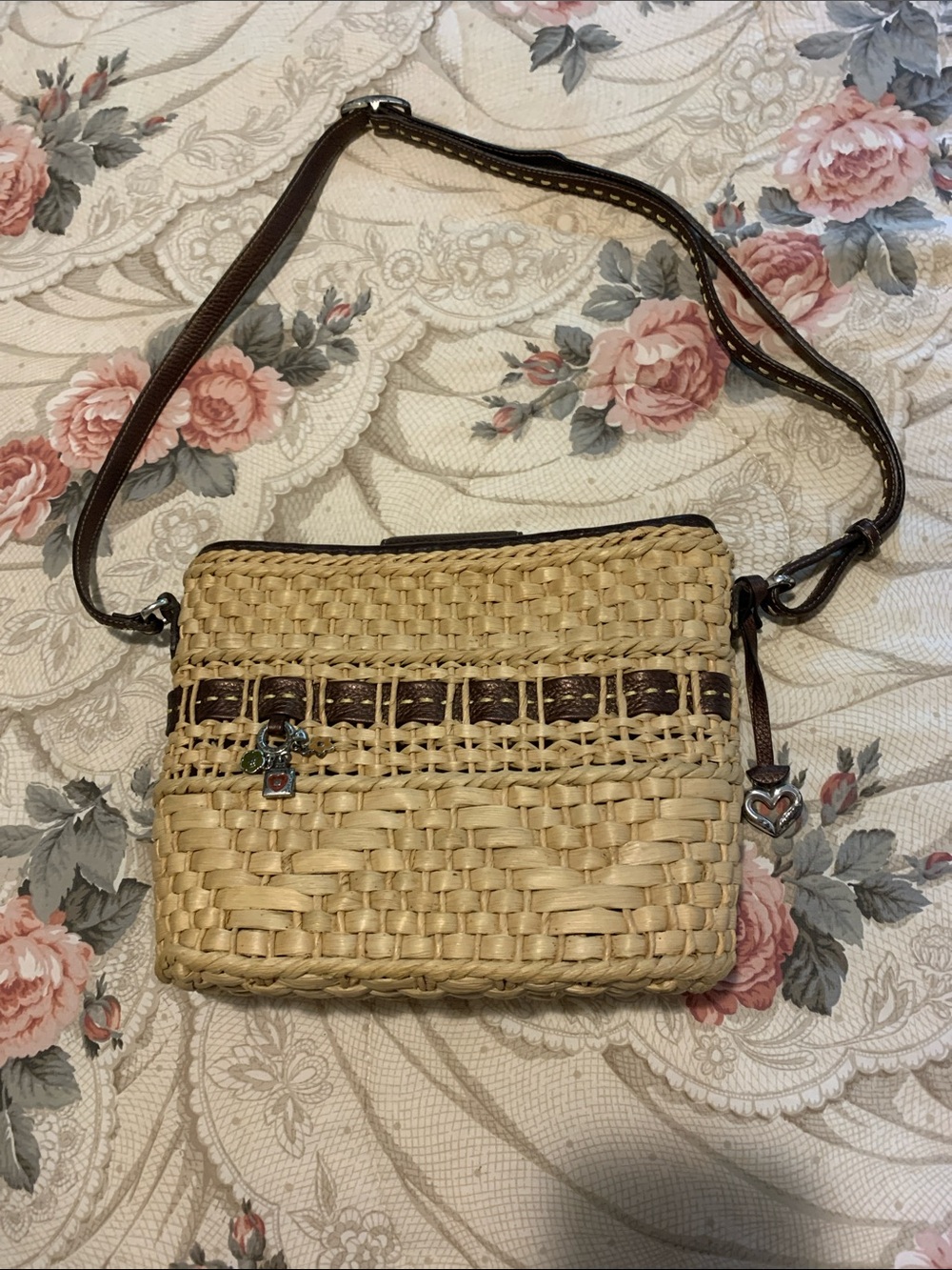 Brighton Woven Straw Crossbody Bag with Brown Trim